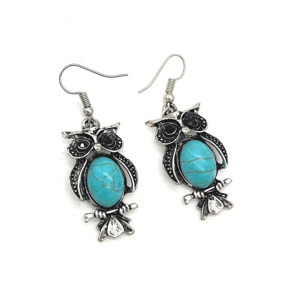 Silver Tone Owl Drop Earrings Faux Turquoise Cabochon Black Crystal Eyes Boho